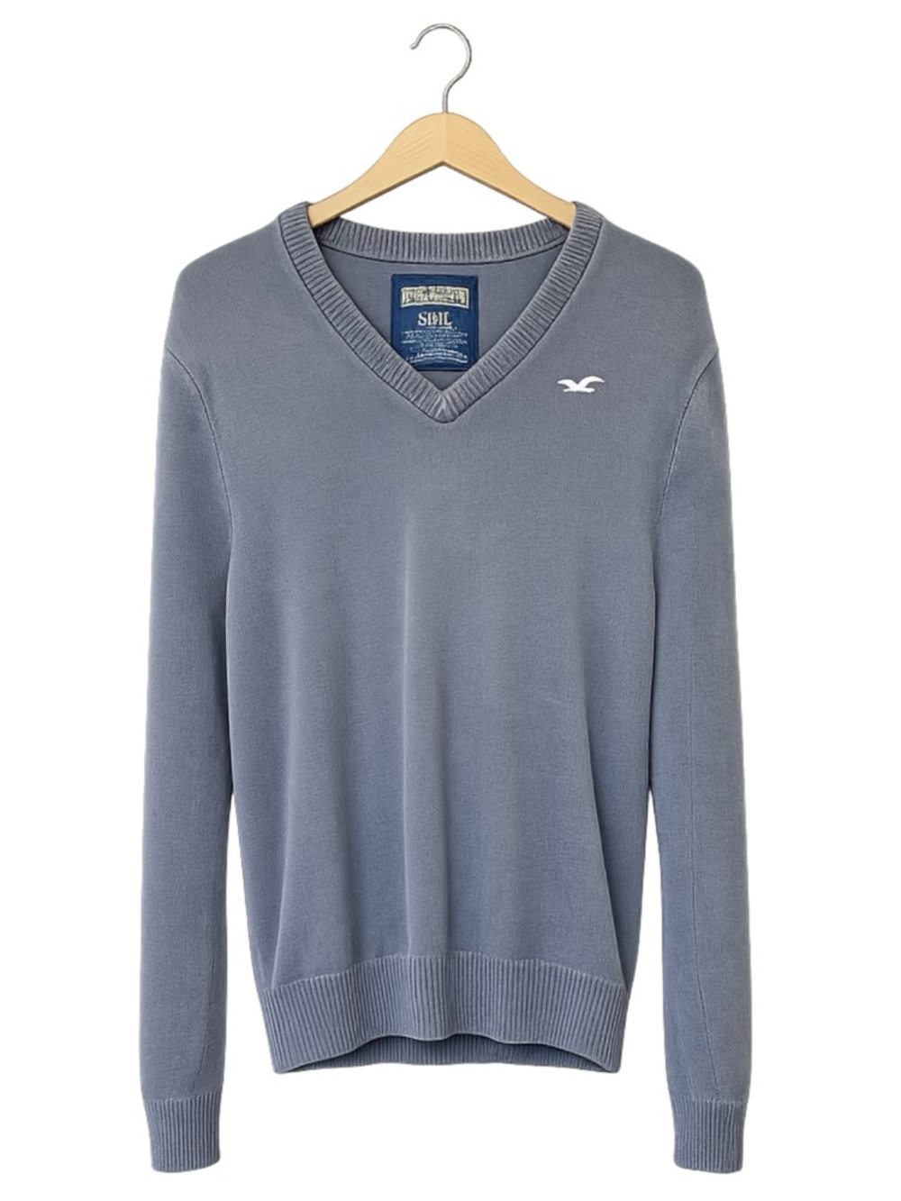 Vintage Hollister Y2K V Neck‎ Sweater Gray Blue Cotton Knit Men’s Small Preppy
